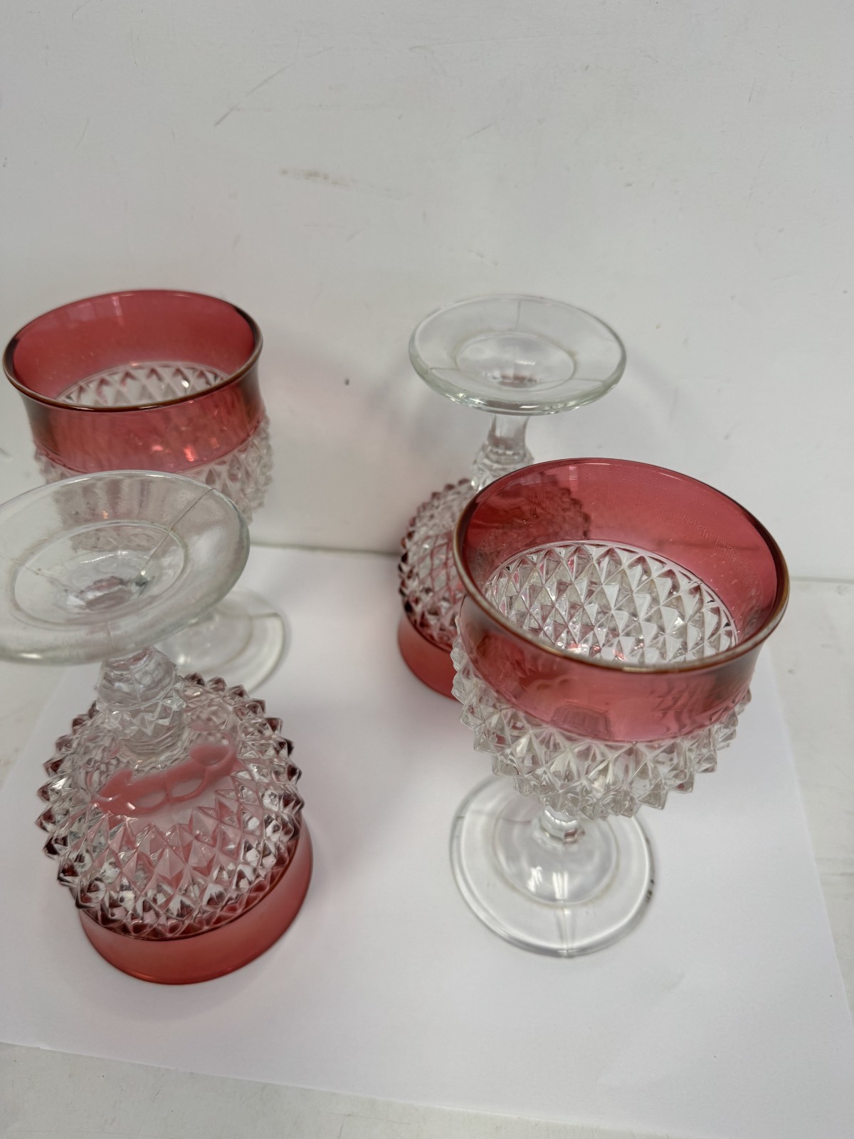 x4 LOT Vtg Indiana Glass Diamond Point Footed Goblets w/Cranberry Flash.