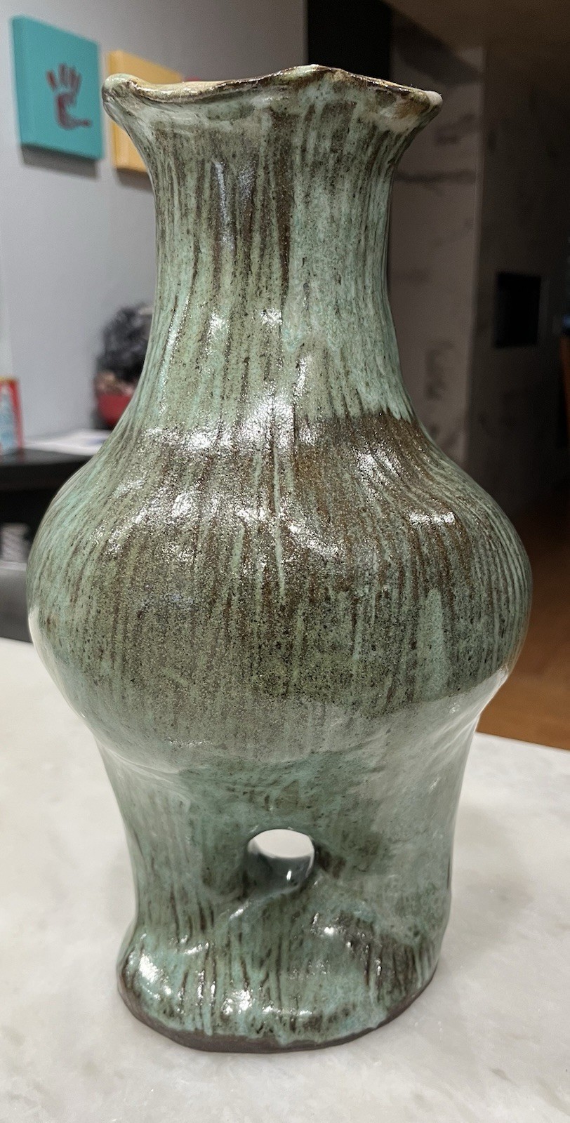 Handmade Seafoam Green Glazed Ceramic Vase. 12.5 x 4.75 Inches.