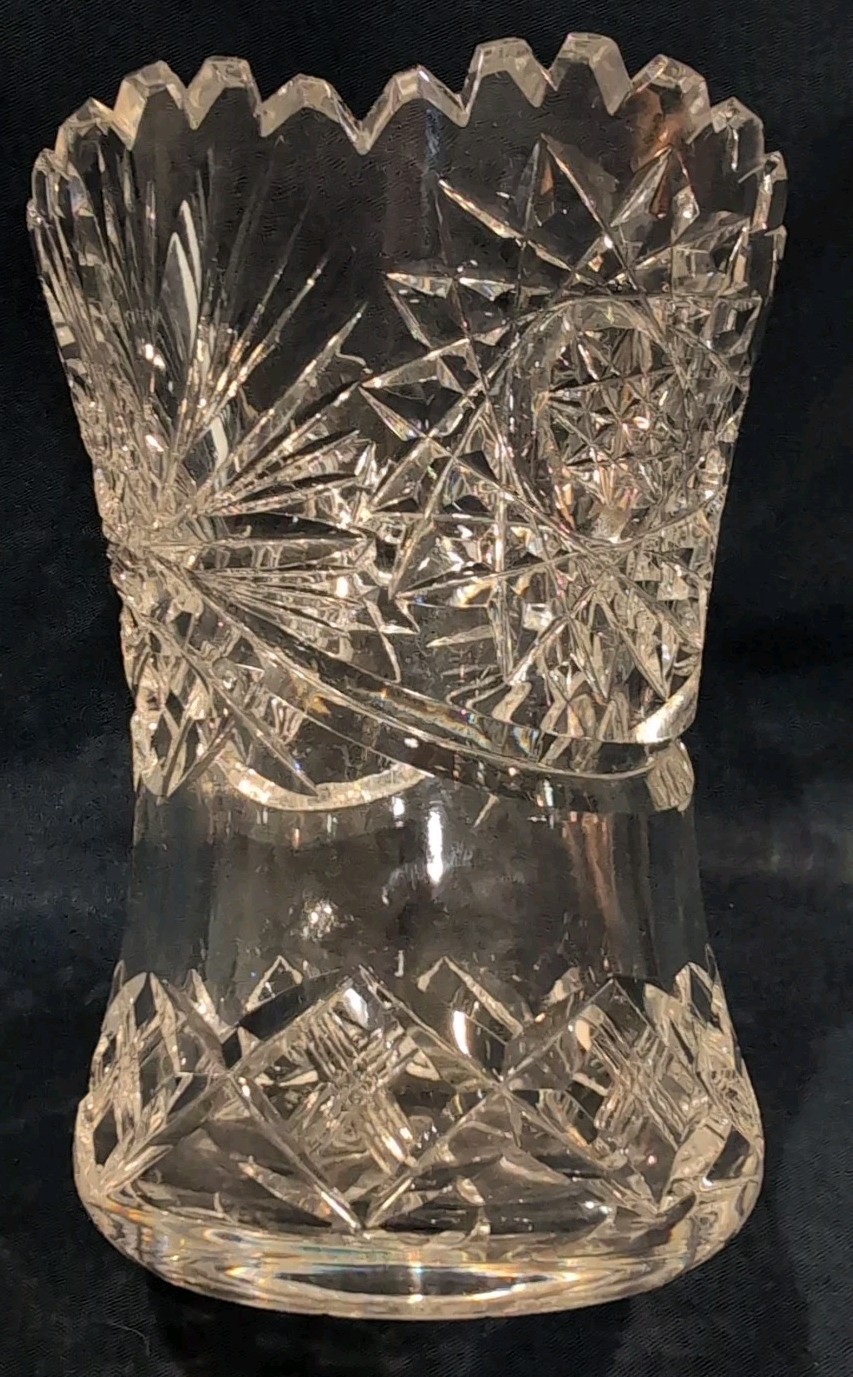 Vintage Cut Crystal Glass Vase Sawtooth Rim Wide Opening Star Sunburst Brilliant