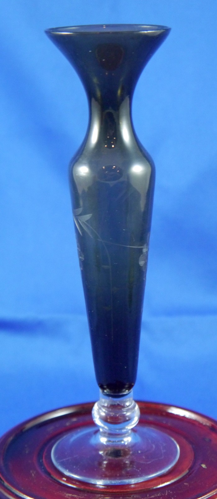 Gray Glass Rose Vase w/ Etched Grape & Vine Design. Clear Foot and Knop. 8.25″