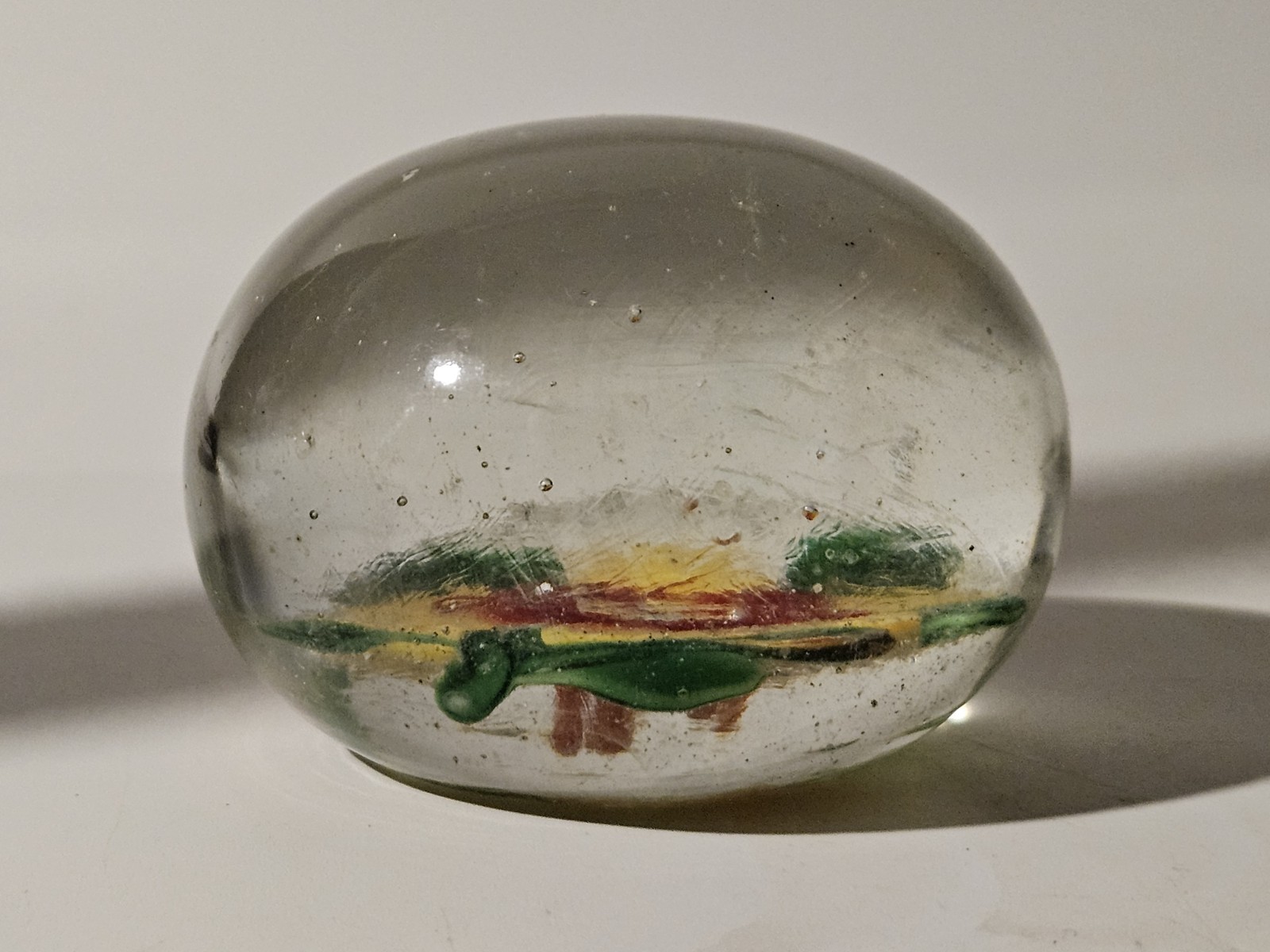 Old Chinese Two Color Fantasy Flower Glass Paperweight with Leaves and Bud 2.75″
