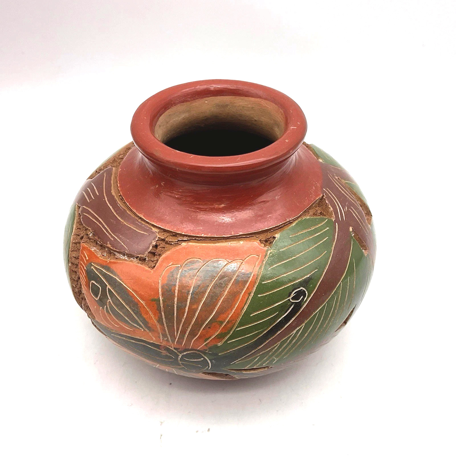 2 Nicaraguan Art Pottery Vases Fish Butterfly Design Brown Clay Hand Carved Pots