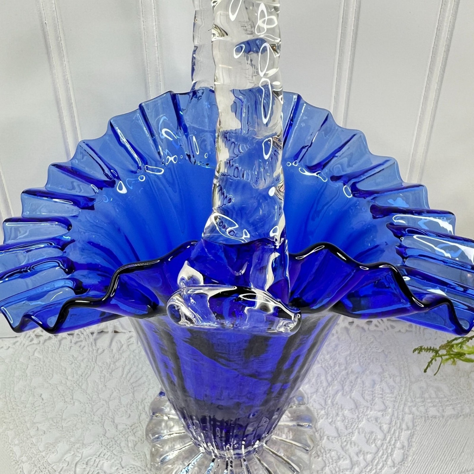 Vintage Cobalt Blue Glass Basket Vase Clear Twisted Rope Handle & Ruffled Edge