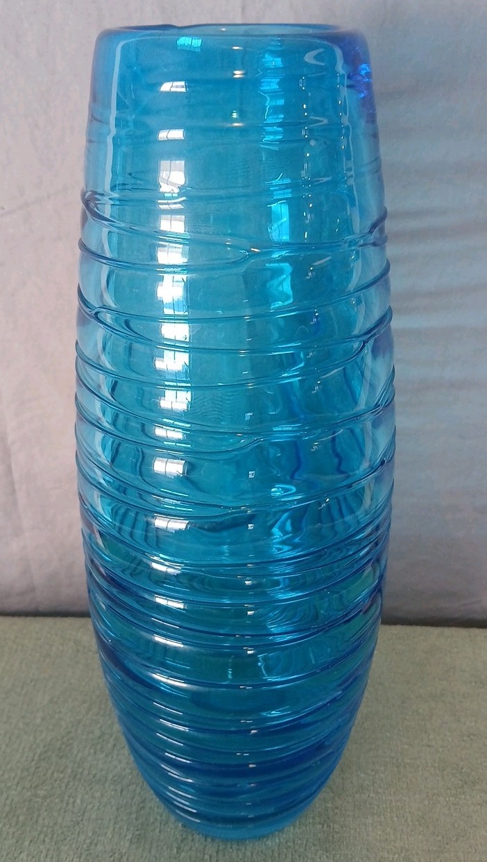 LRG 13″ Hand Blown Sapphire Blue Flower Vase Swirl Design Murano Fenton Indiana