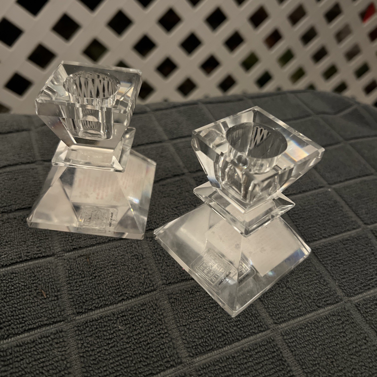 (2) Saks Fifth Avenue Heavy Cubist Geometric CRYSTAL CANDLE HOLDERS 3”