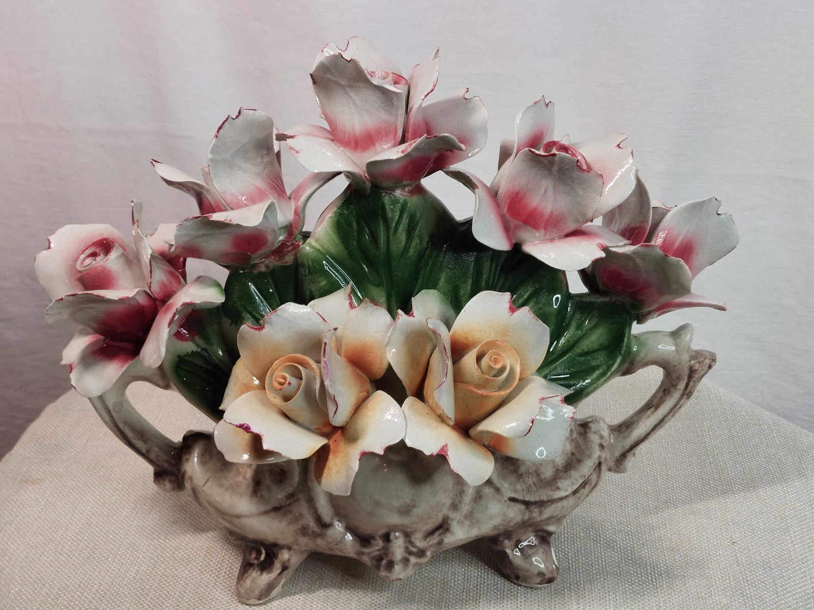 Vintage Capodimonte Pink Yellow Roses Porcelain Bouquet Italy Shabby Chic Decor