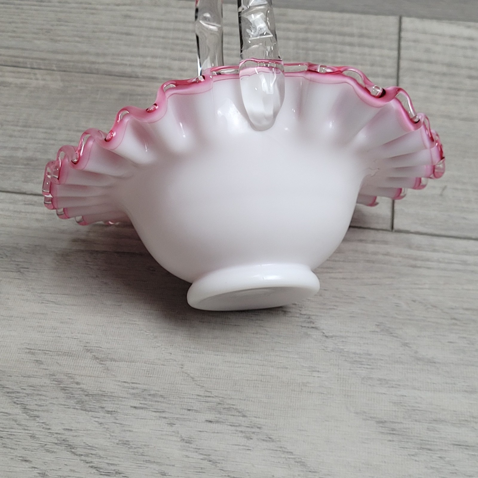 Vintage Fenton Peach Crest Glass Basket Pink White Milk Glass Ruffled Edge 1940s