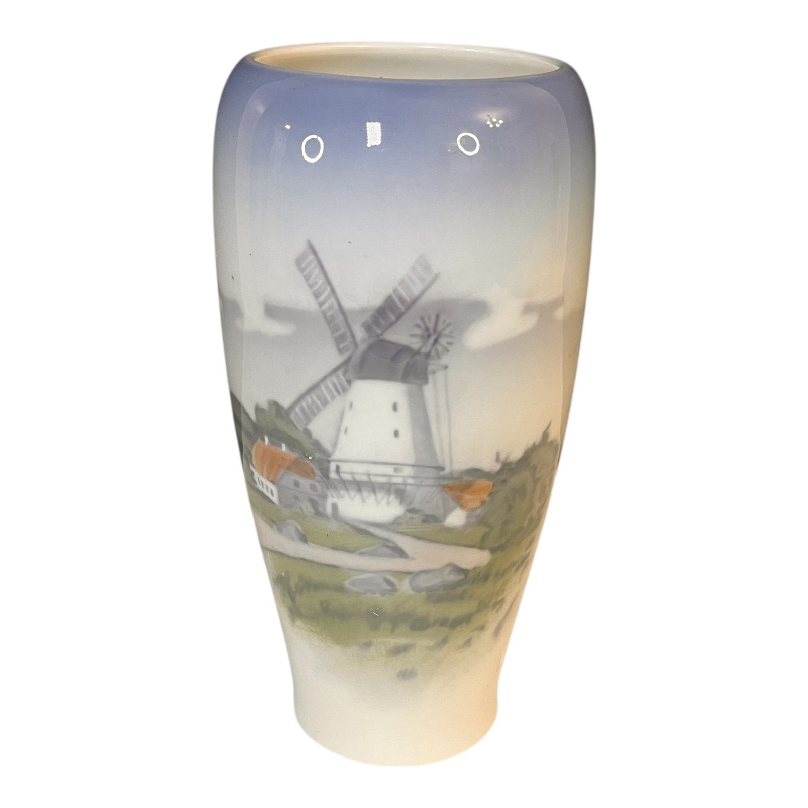 Royal Copenhagen Windmill Landscape Porcelain Bud Vase 4568 RD Blue White 7″