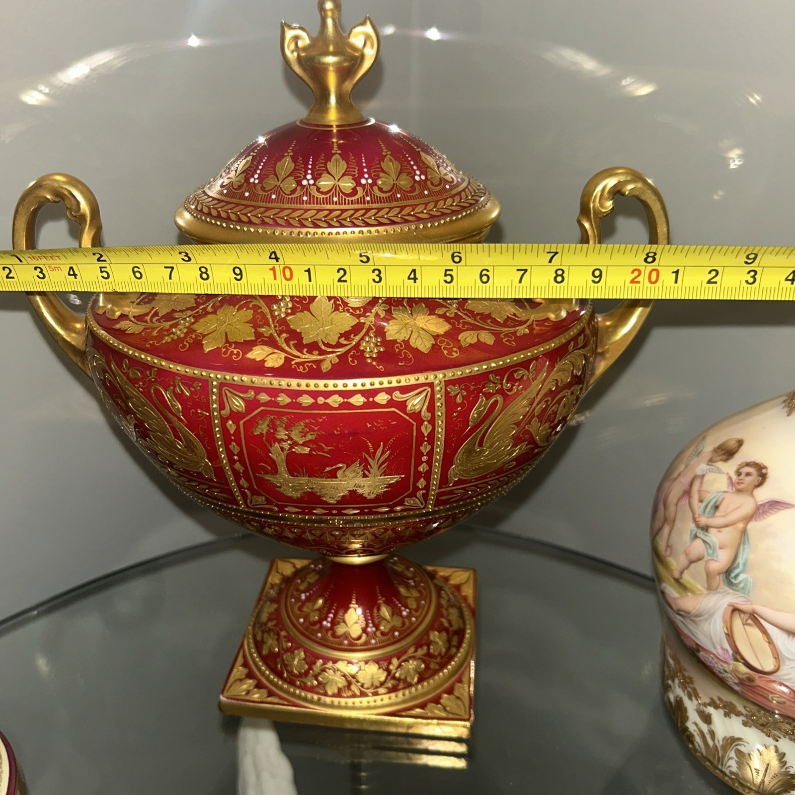 Amazing Antique German Royal Vienna Porcelain Swan Handle Covered Urn Red/Gold⚡️