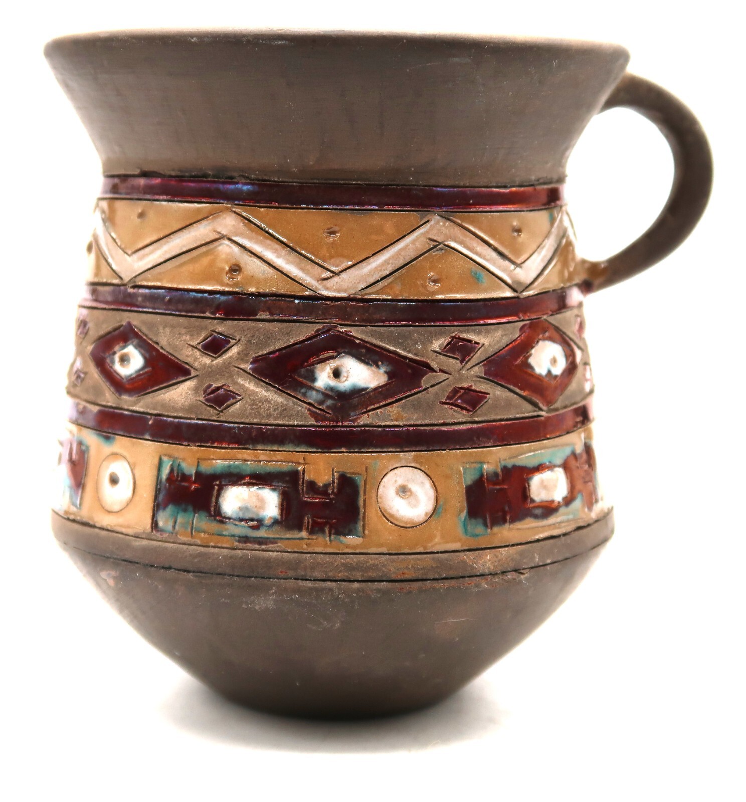 Vintage Clay Handled Cup W/ Tribal Design and Flash Glazed Interior