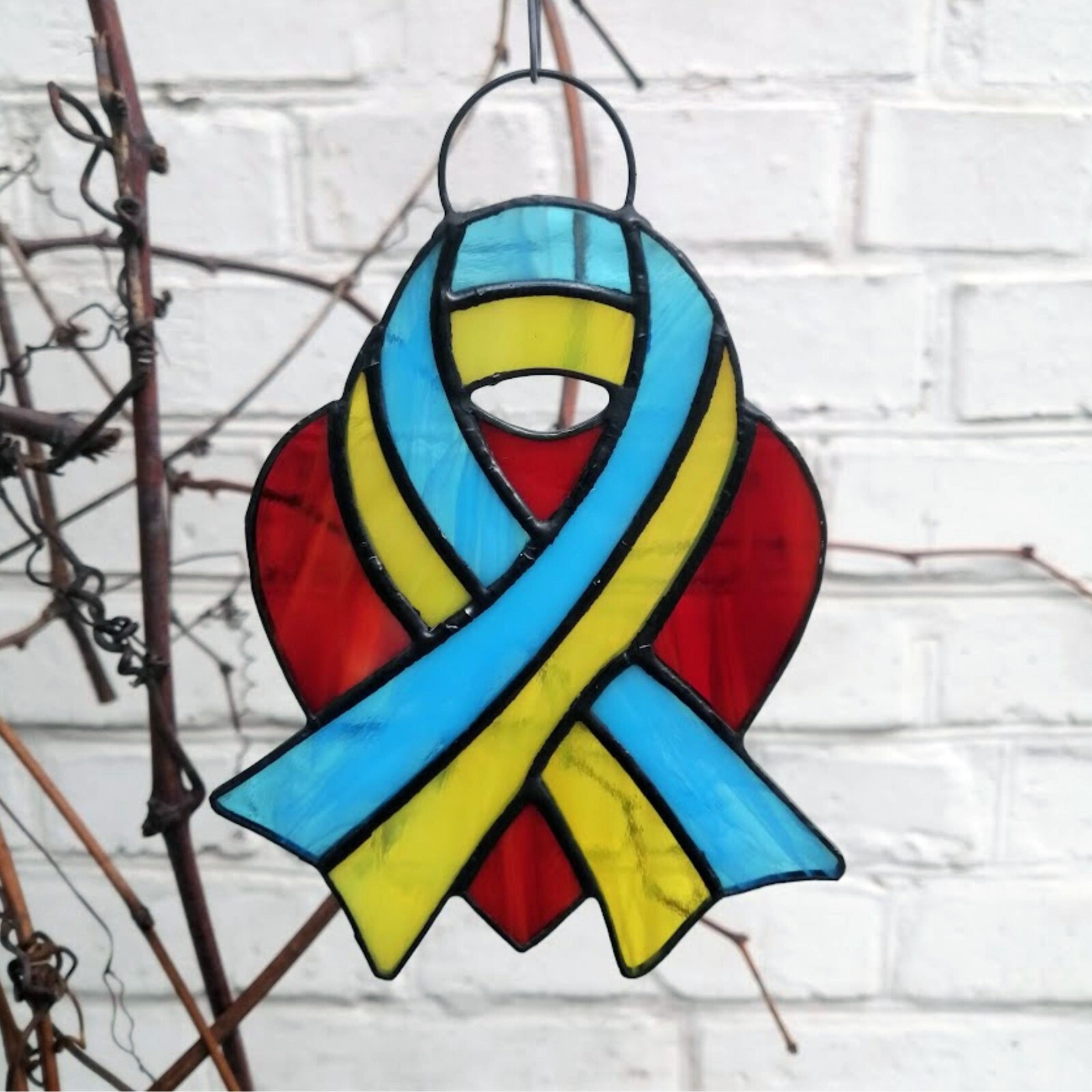 Ukraine Flag Ribbon Red Heart Stained Glass Suncatcher – Ukrainian Window Panel