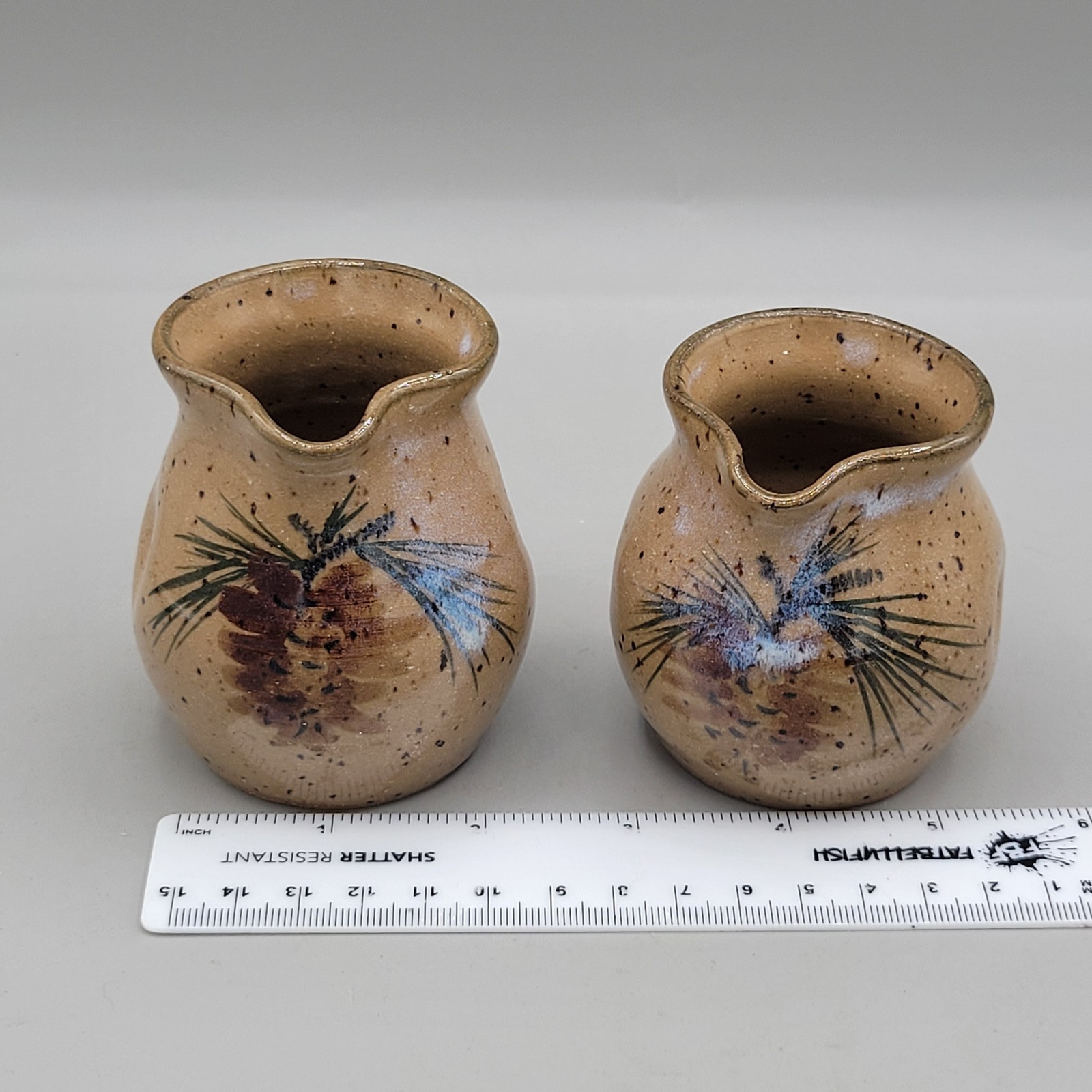 Pair Handmade Studio Pottery Pinecone Creamer Vases Pitchers Signed Fish