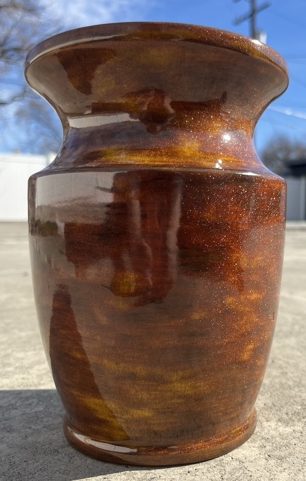 VTG 73’ Ceramic Art Glass Vase Handmade Glittery Warm Autumnal Tones 7.5”