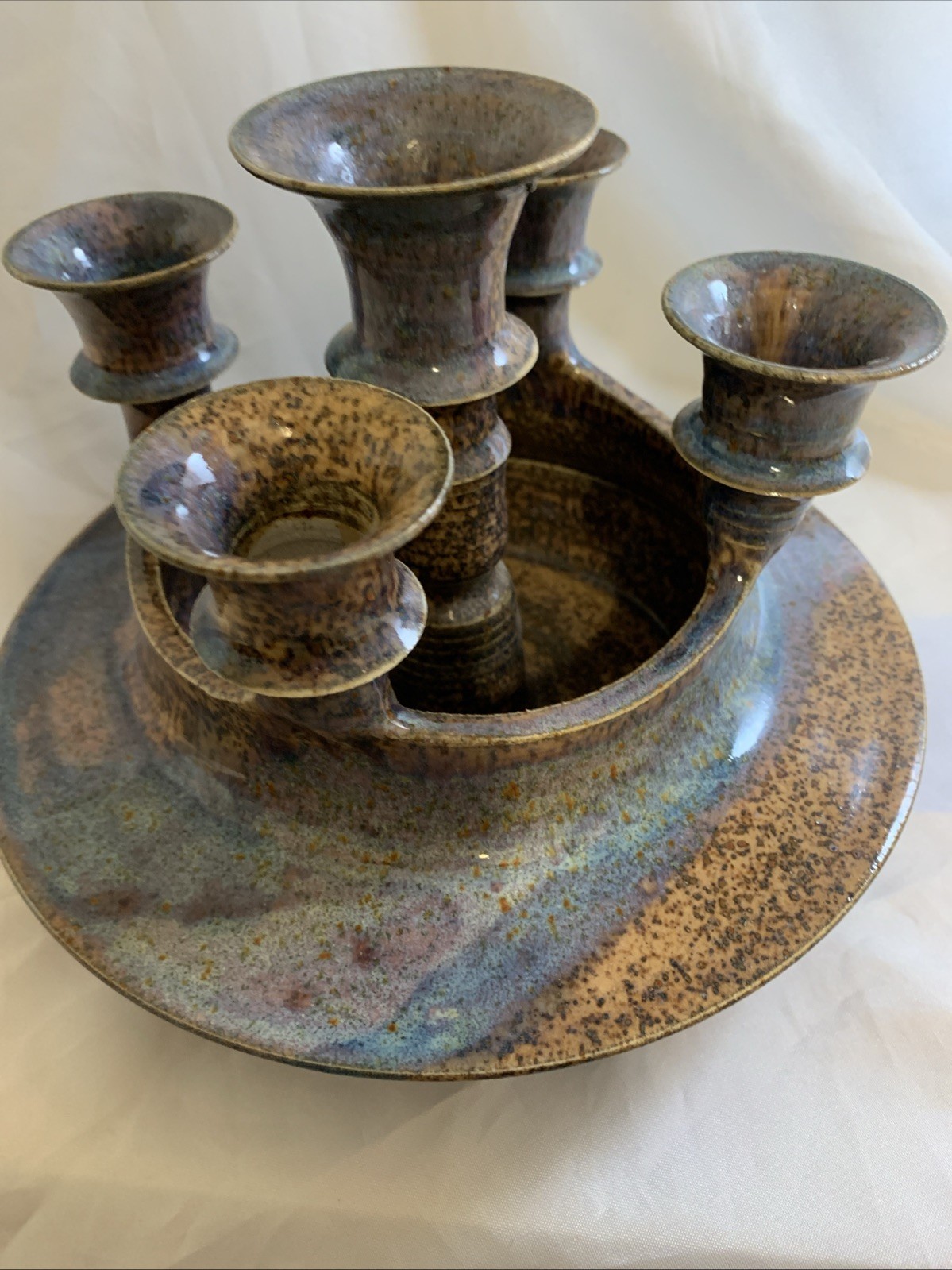 Vintage Handmade Studio Pottery 5 Taper Candlestick Holder Dish Custom Signed