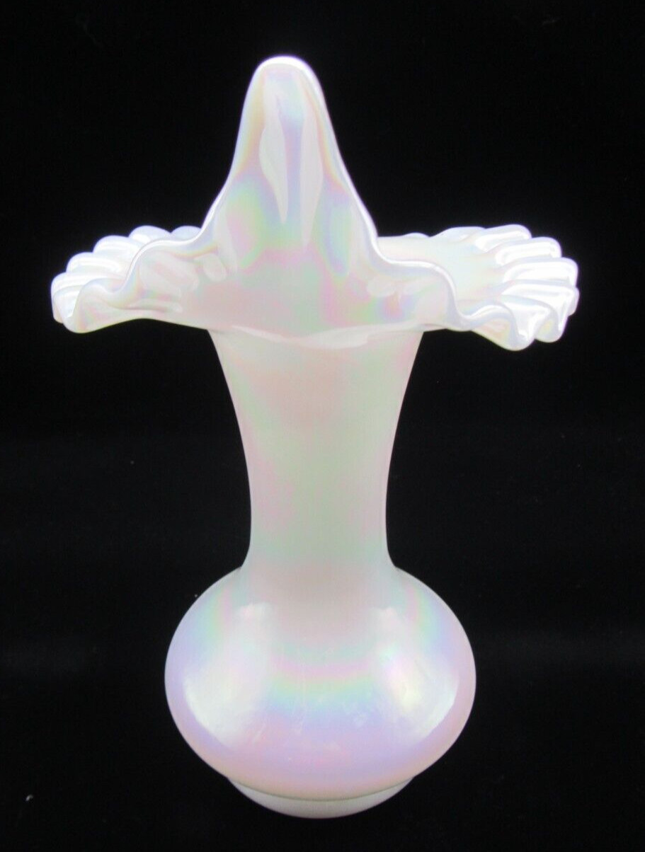 Fenton White Iridescent Jack in the Pulpit Vase 8 3/4″ Tall