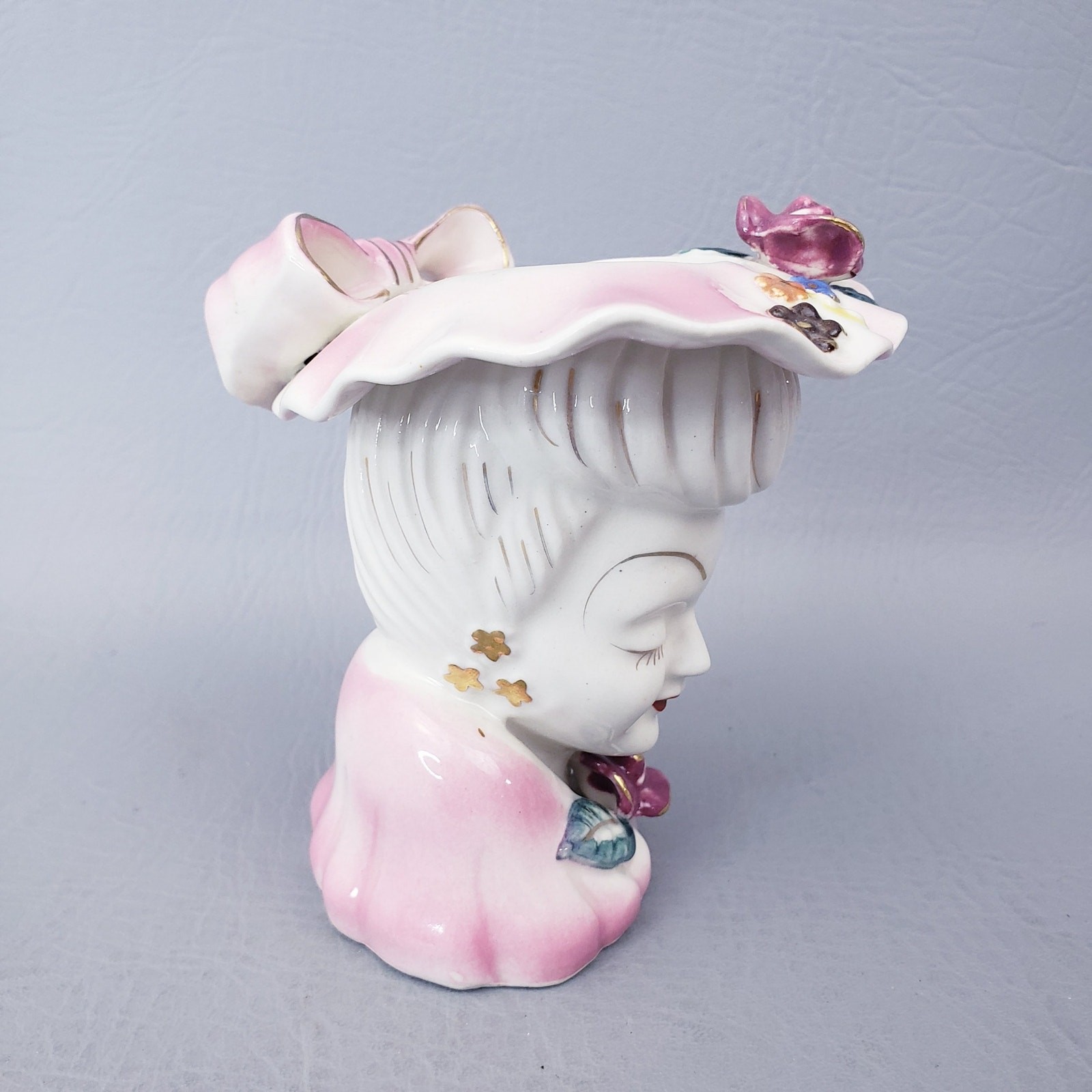 Vintage Lady Head Vase Pink Hat Dress Purple Roses White Hair Made in Japan