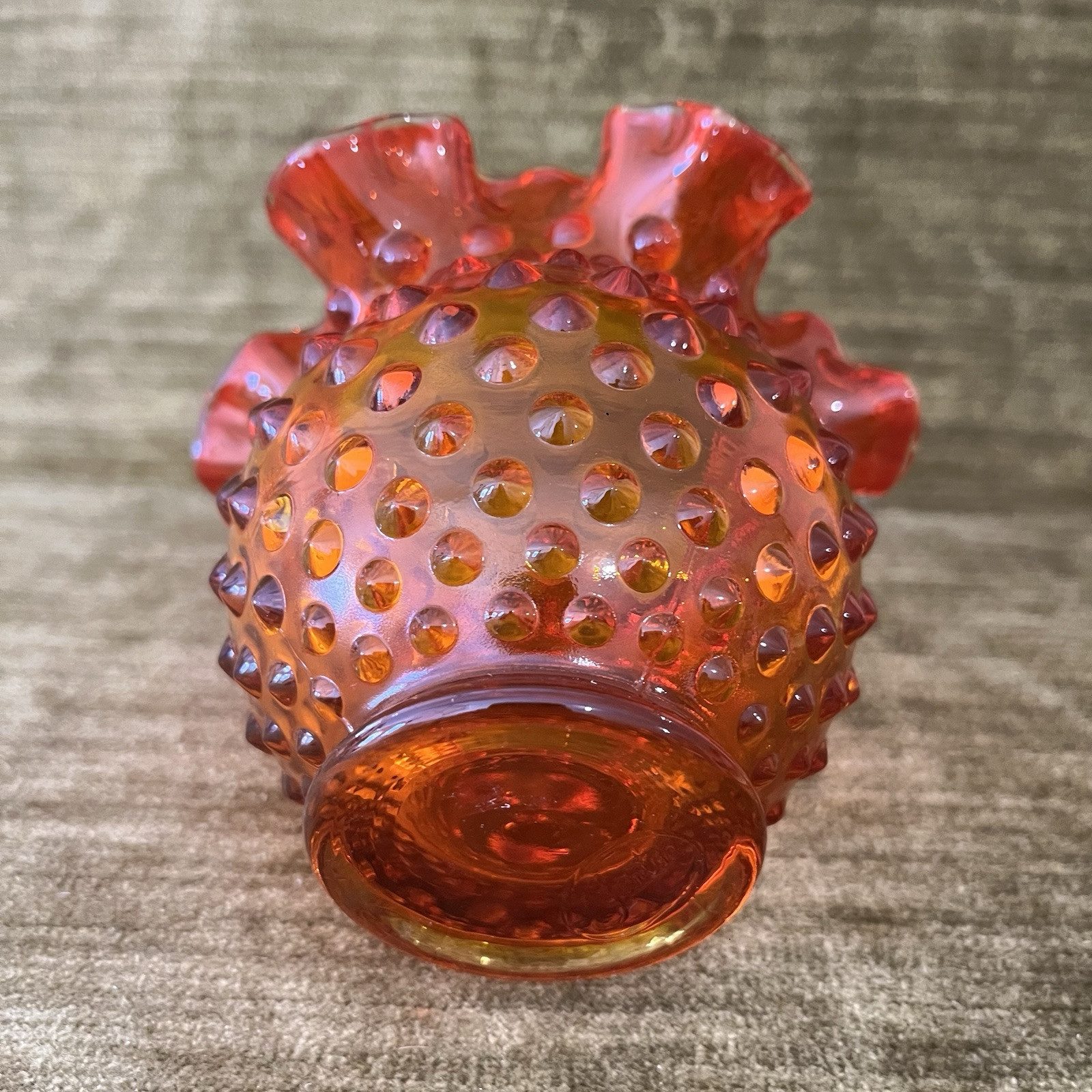 Fenton Art Glass Crimped Hobnail Ruffled Vase Amberina/Tangerine Pattern
