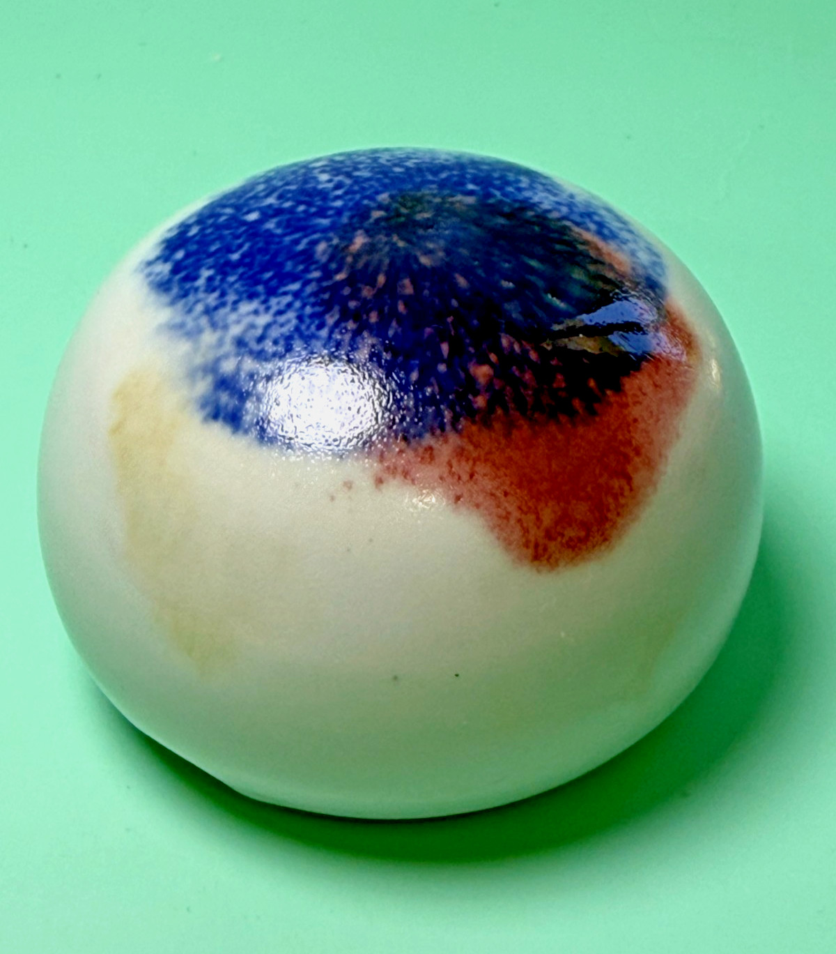 Finely Crafted Art Studio Pottery Ceramic Paperweight Signed RW Spotted Blue
