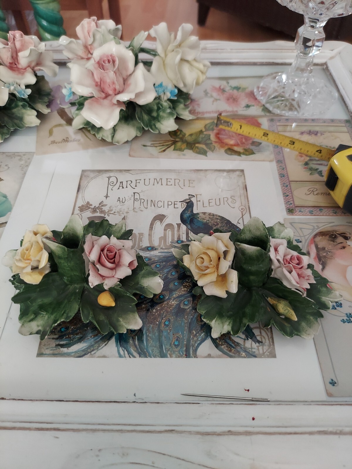 Vintage Pair of Capodimonte Candle Holders Pink And Yellow Flowers