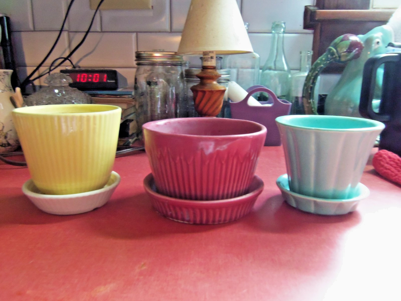 A Trio Of Vtg. Planters Attached Saucers-McCoy-Shawnee-Morton-No Chips/Cracks