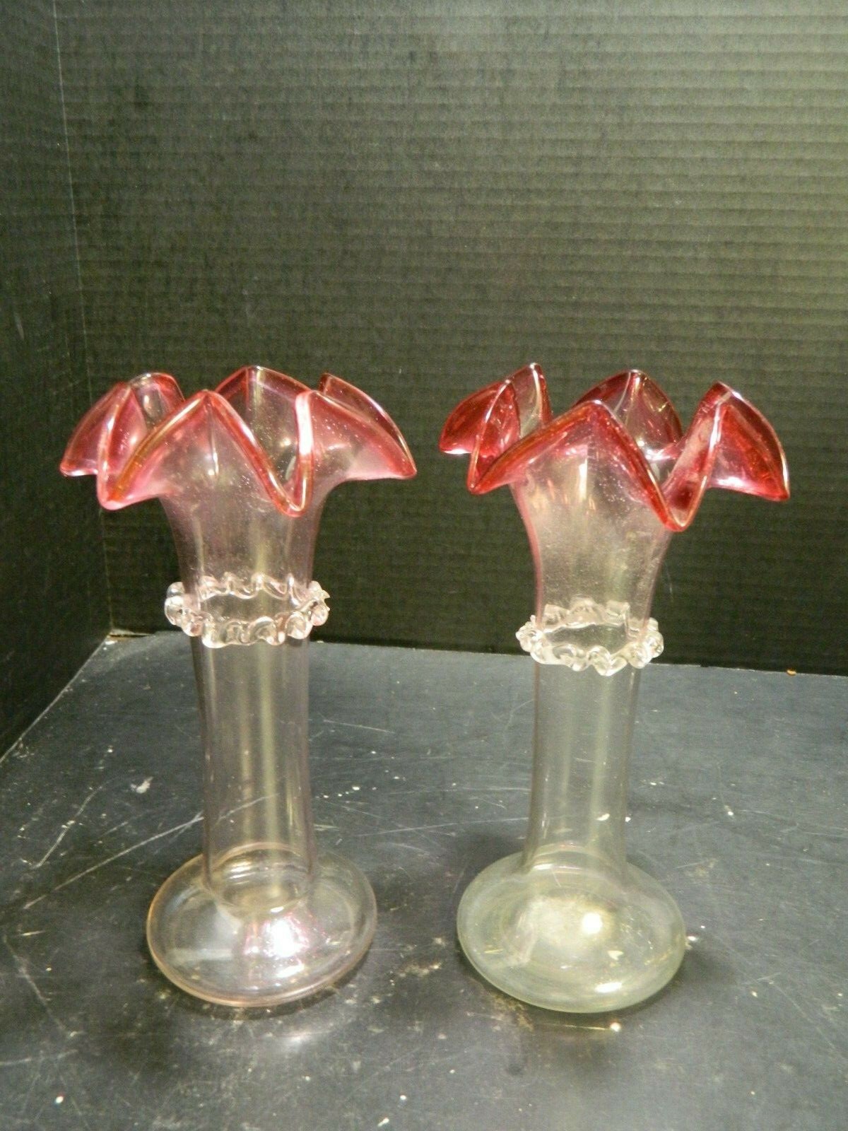 Vintage (2) Hand Blown Scalloped Cranberry Crown Art Glass Vases w/ Applied Ring