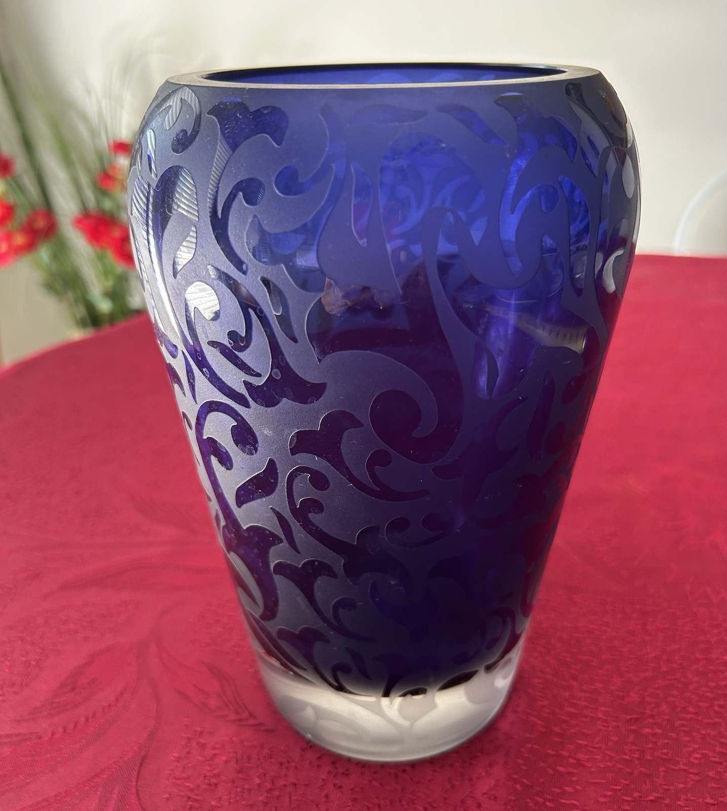 Michael Weems Signed Acid Etched Art Glass Cobalt Blue Elise Vase 9”, Dated 2004