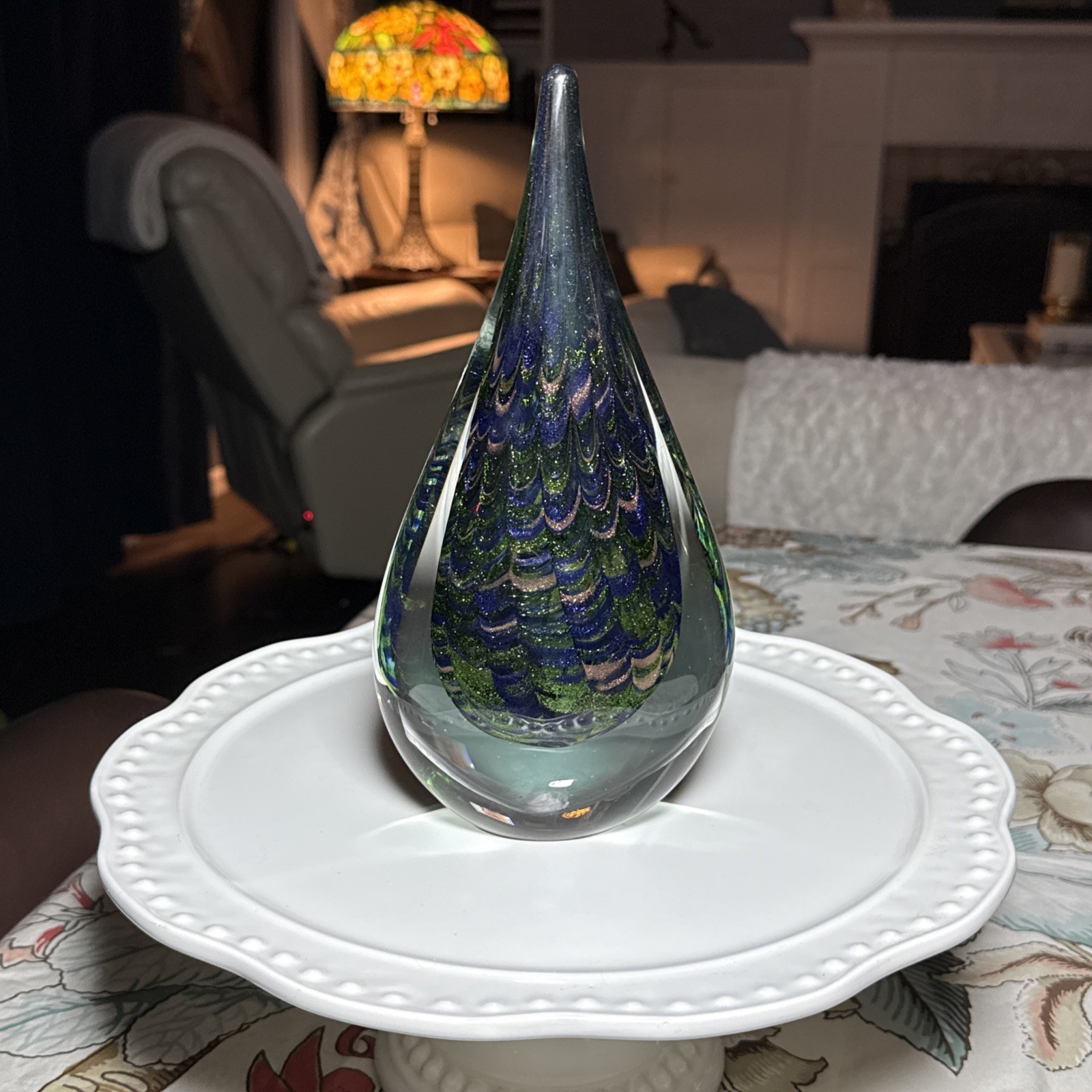 Peacock Inspired Heavy Art Glass Teardrop Sculpture Paperweight 10” Home Decor