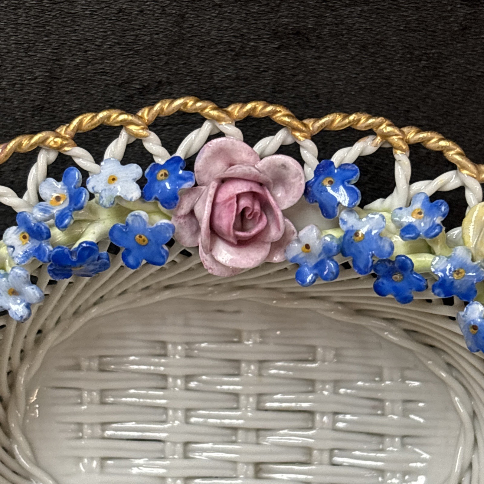 Antique Von Schierholz Woven Porcelain Basket FORGET ME NOT ~ F