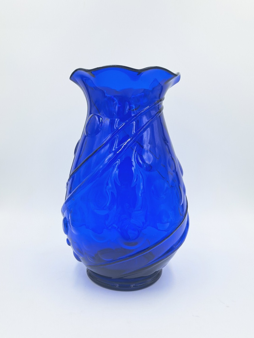 1930s Louie Glass Art Deco Cobalt Blue Ribs & Dots Patterned Vase 10″
