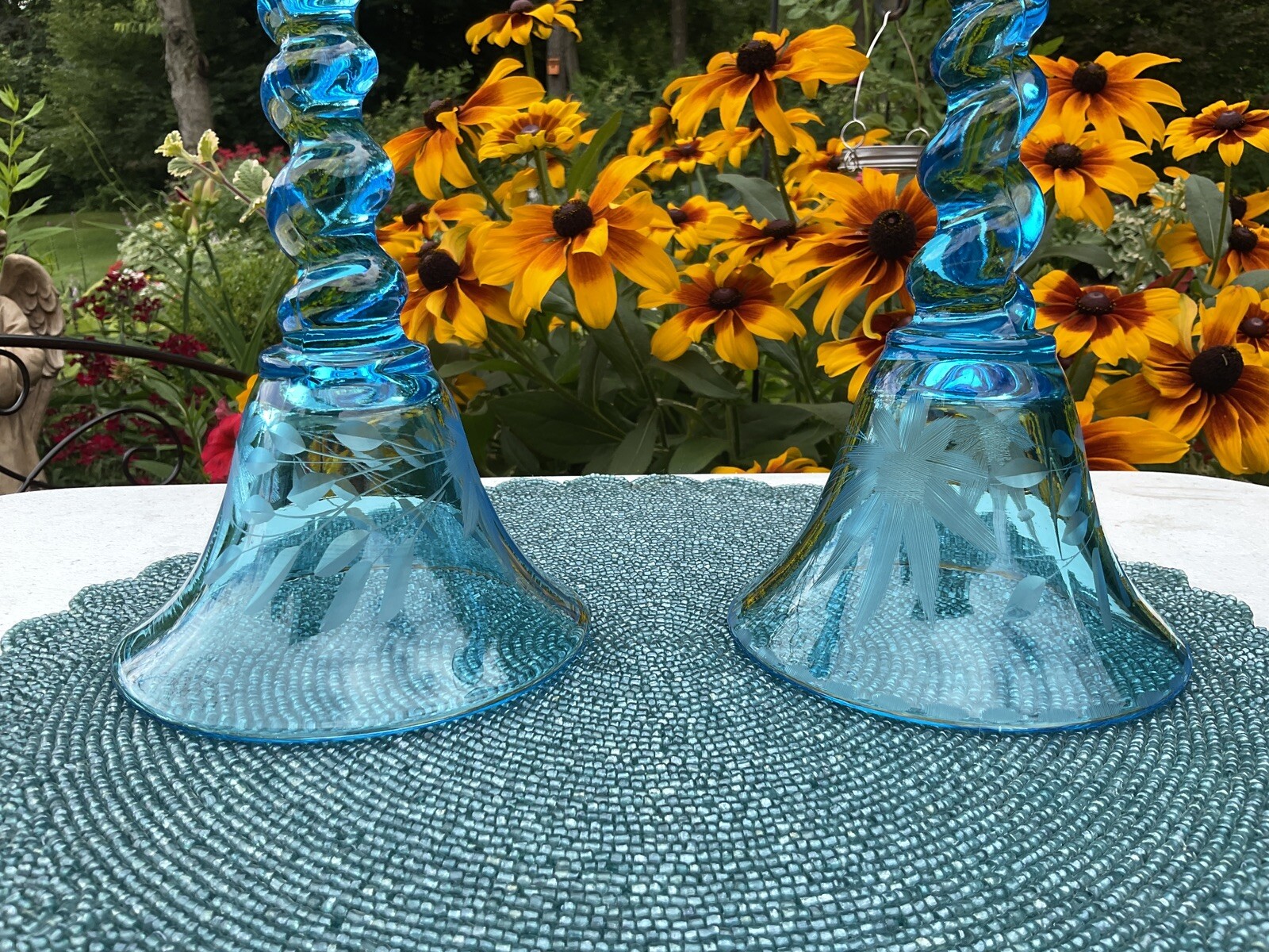 U.S. Glass #315 Blue Bell Twist Swirl Candlesticks Floral Etched Detail Pristine