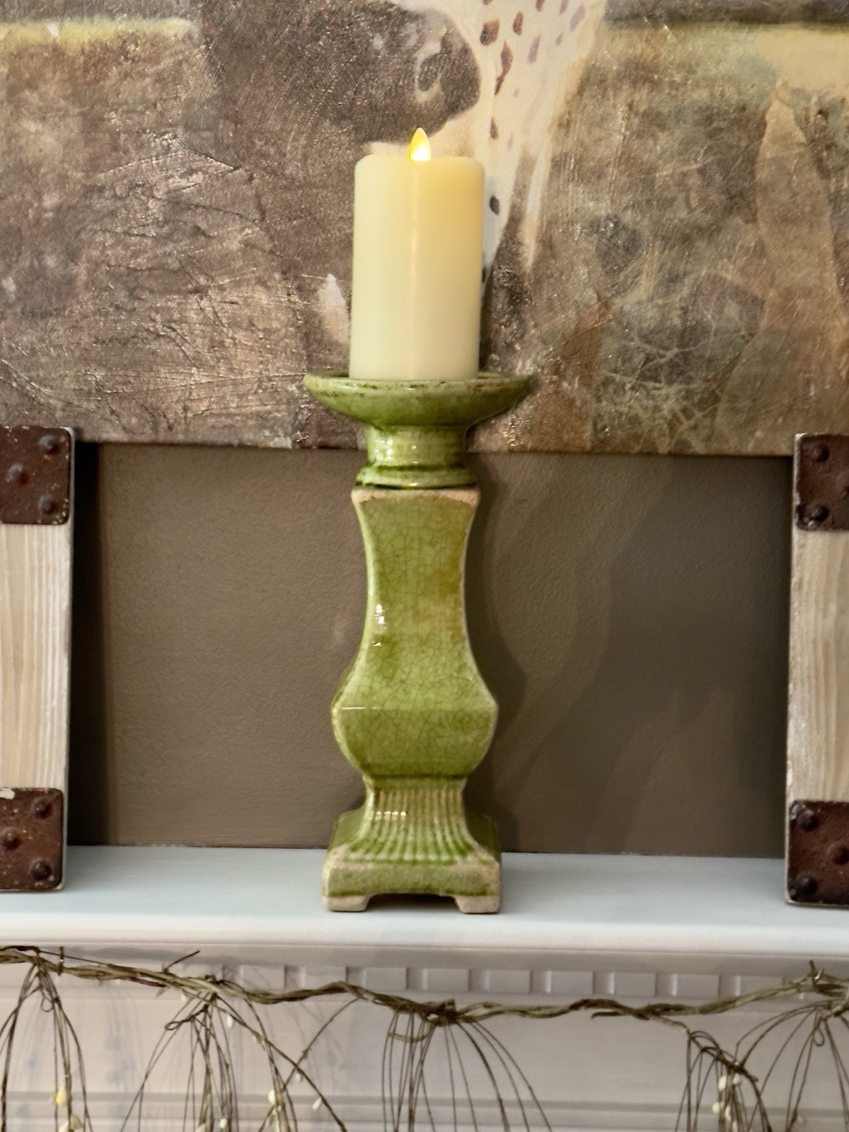 Chartreuse Chunky Green Crackle Glazed Ceramic Pillar Candle Holder 12.5″