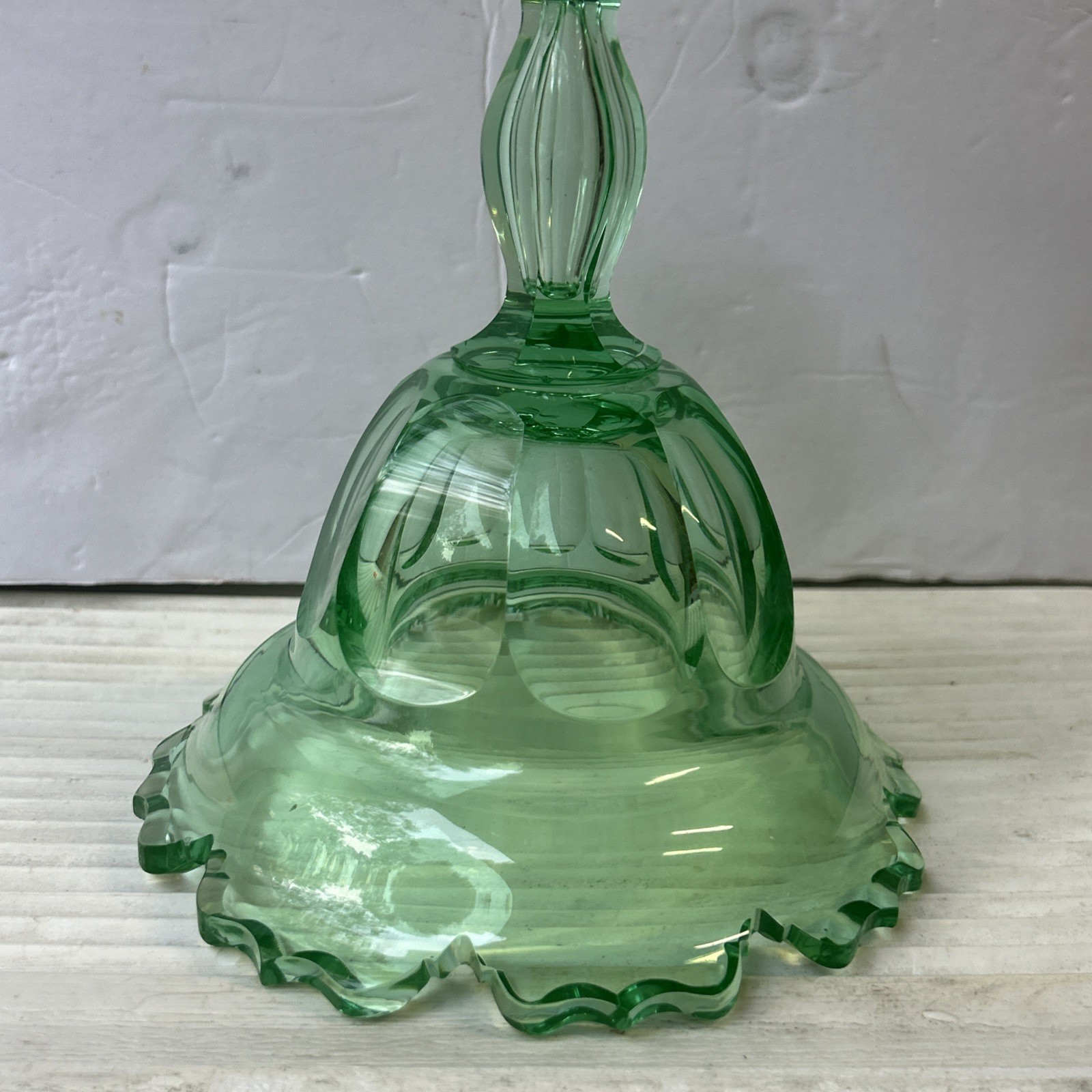 Bohemian /German Glass Uranium Paneled Optic Ruffled Crimped Jelly Compote 7.25”