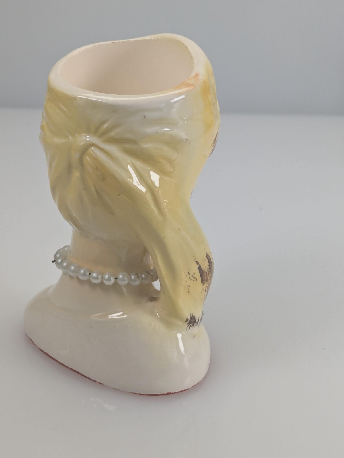 Vintage Lady Head Vase Mini Pot/Vase Glossy Yellow Blonde Blue Eyeshadow Jewelry