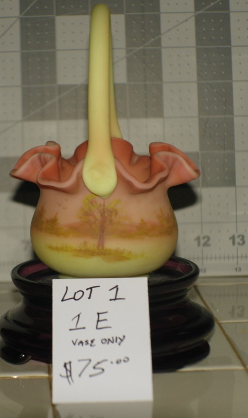 Fenton Burmese 4in Basket with Handle Tree Landscape Vase Hand Painted 1990
