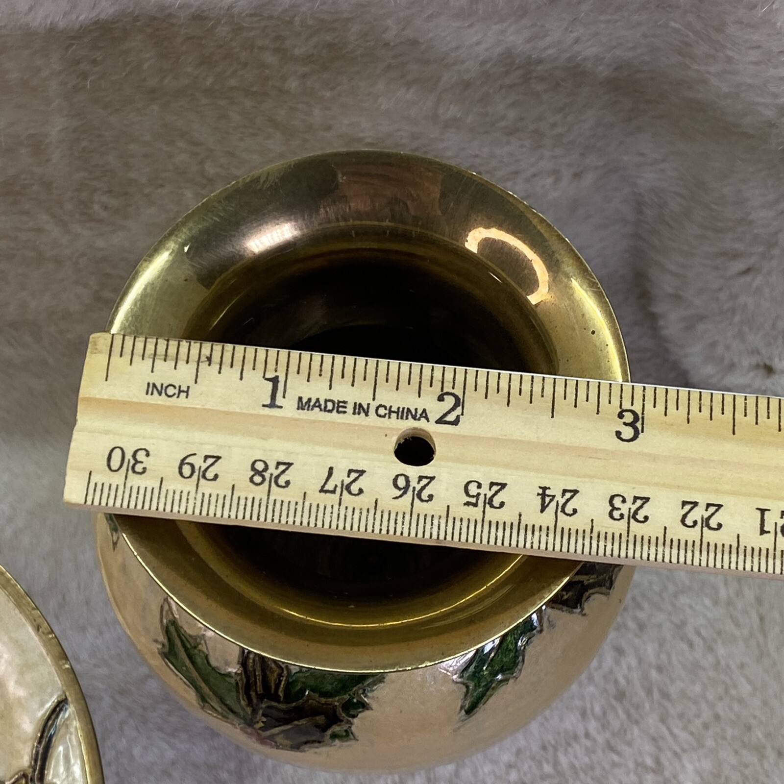 Vintage Cloisonne Enamel Finish Brass India Holly Bells Christmas Vase & Dish 5”