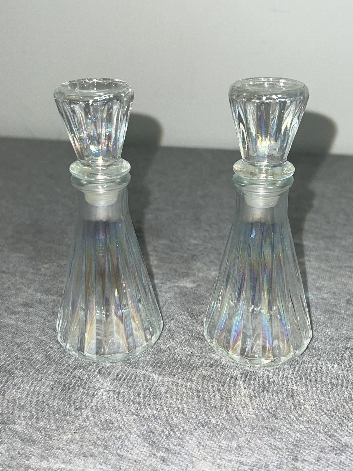 Vintage Avon Glass Perfume Bottles Pair Clear Iridescent Stoppered Vanity Decor