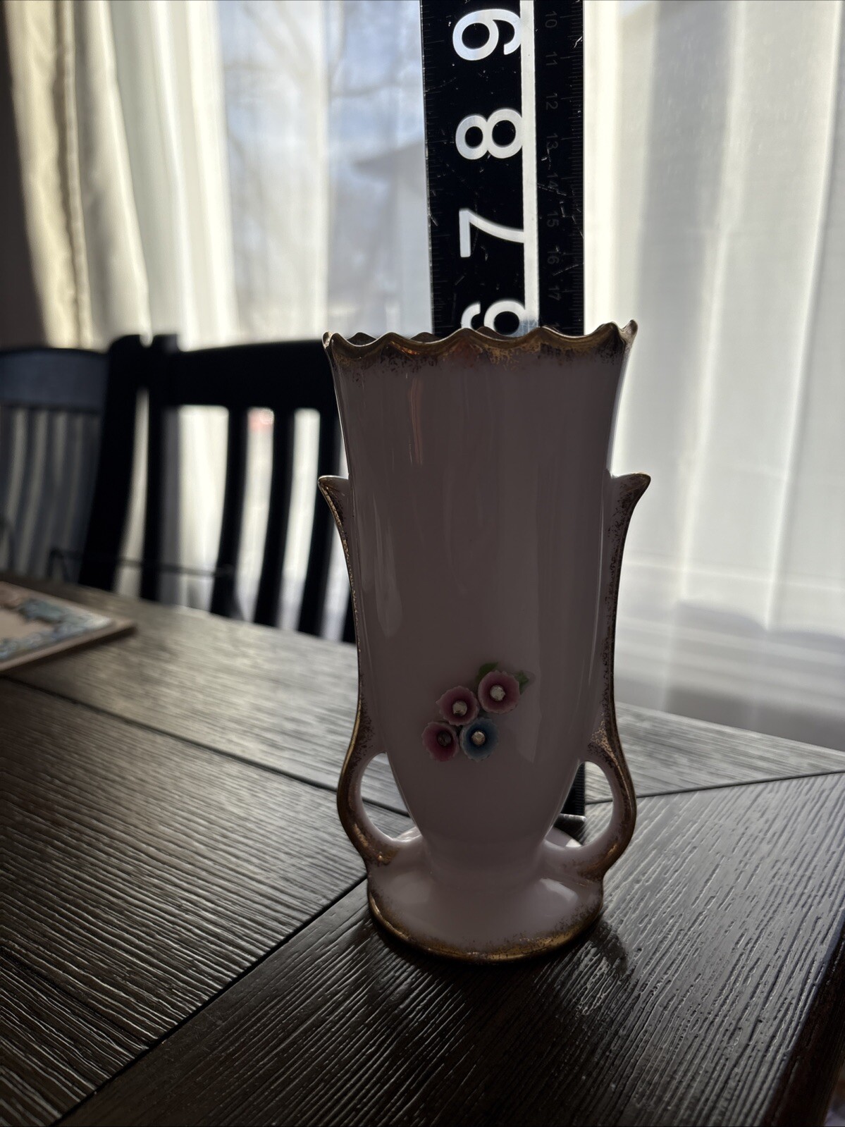 Lefton China Pink Vase W/ Gold Crackle Trim & Flowers Bow Vintage #70456