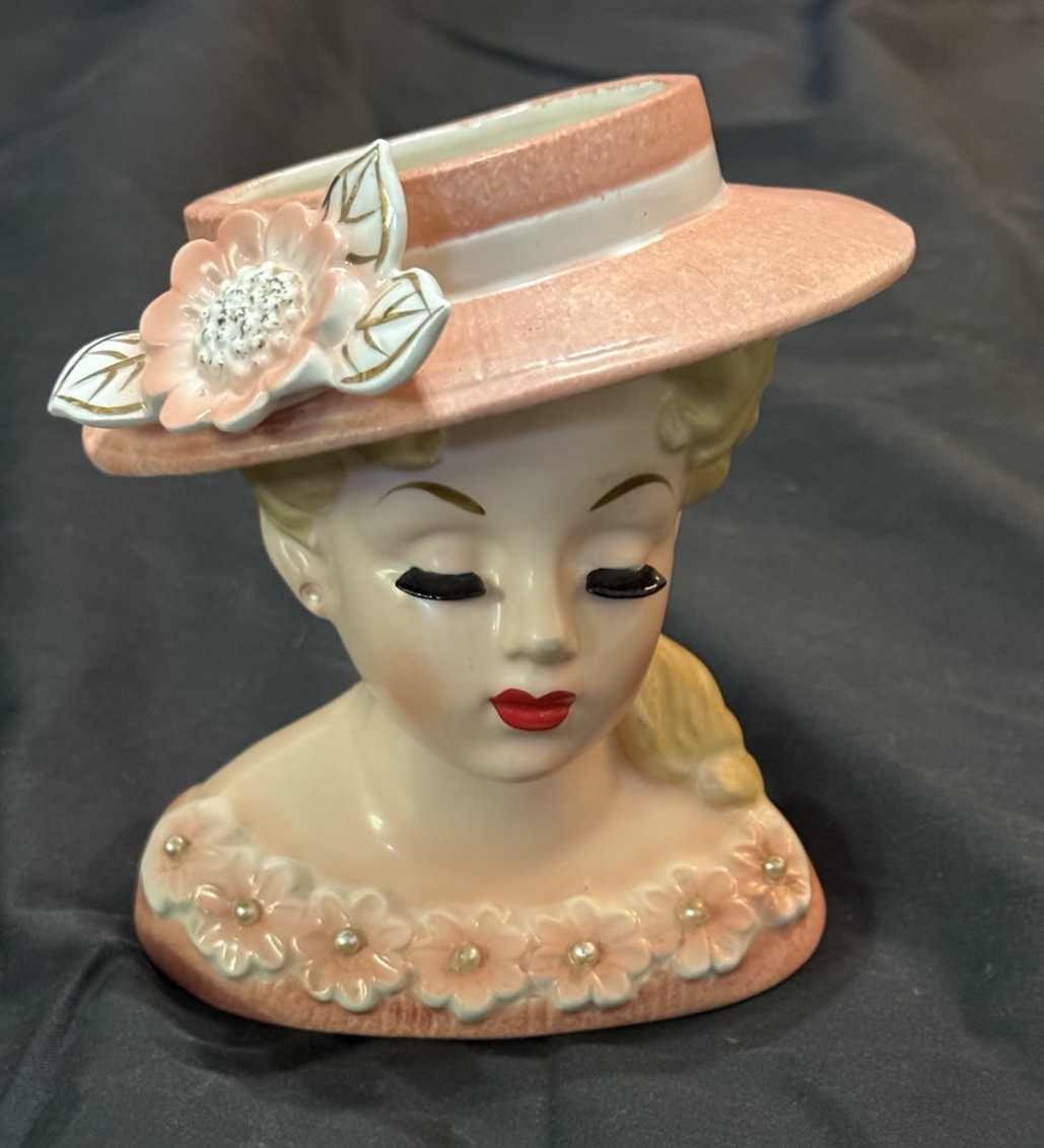 RUBENS # 499 BLOND LADY head vase FOIL RUBENS LABEL FLORAL HAT & DRESS 6 INCH