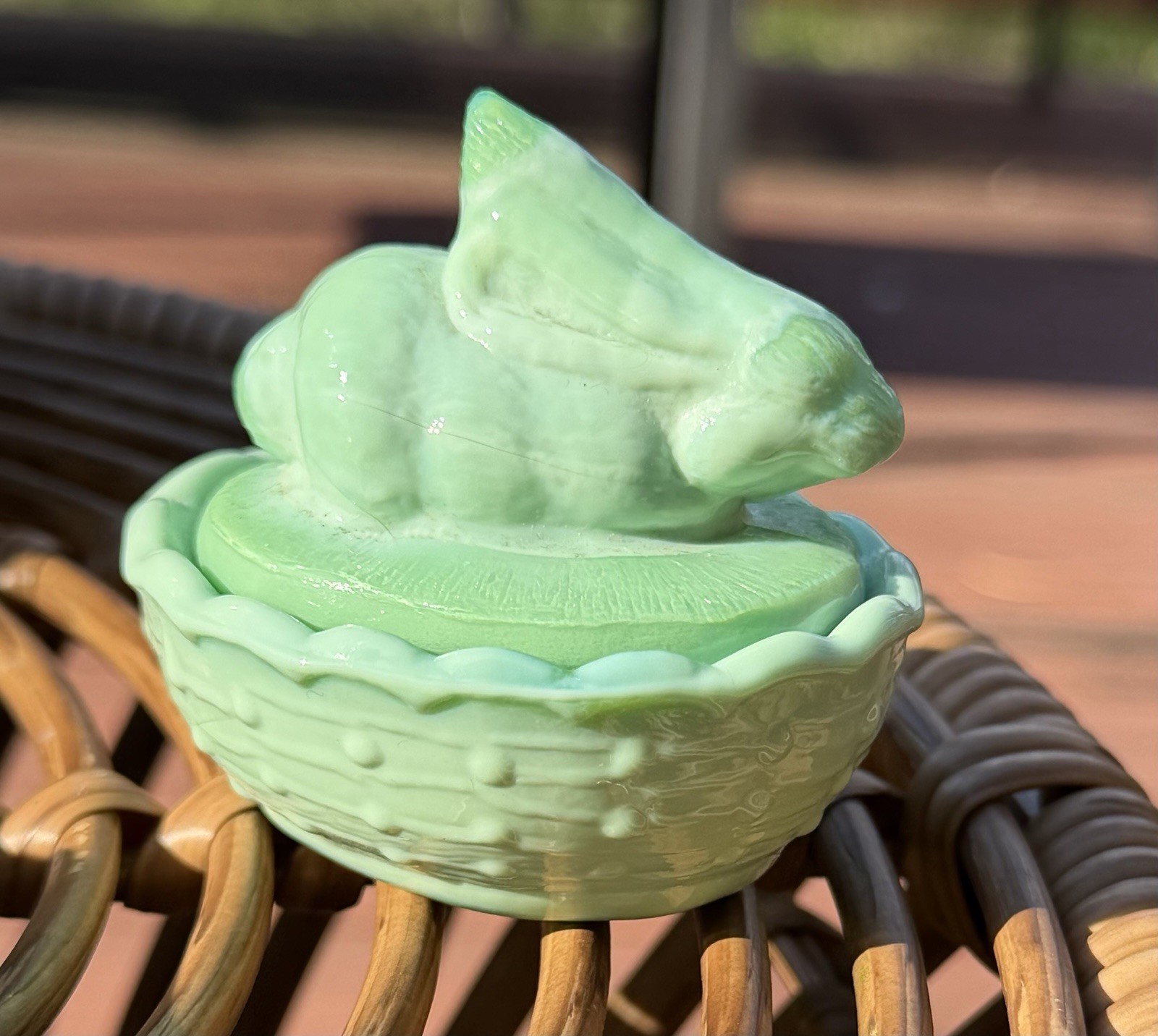 Mini Green Jadeite Art Glass Bunny Rabbit on Basketweave Nest Trinket Dish