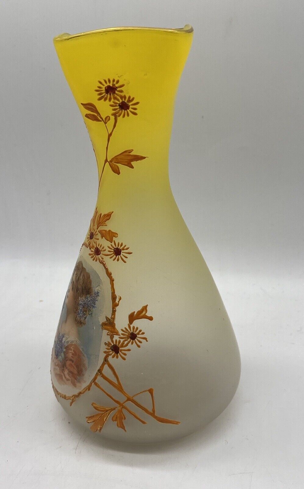 Antique Bohemian or French Glass Portrait Vase Enamel Victorian Flowers