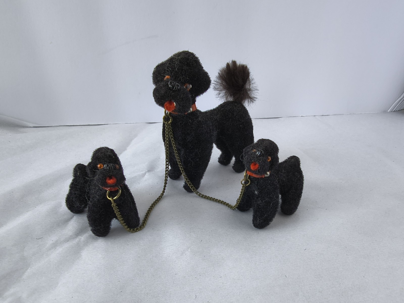 Vintage Set Of Three Max Carl Flocked Black Poodle Dogs Family West Germany