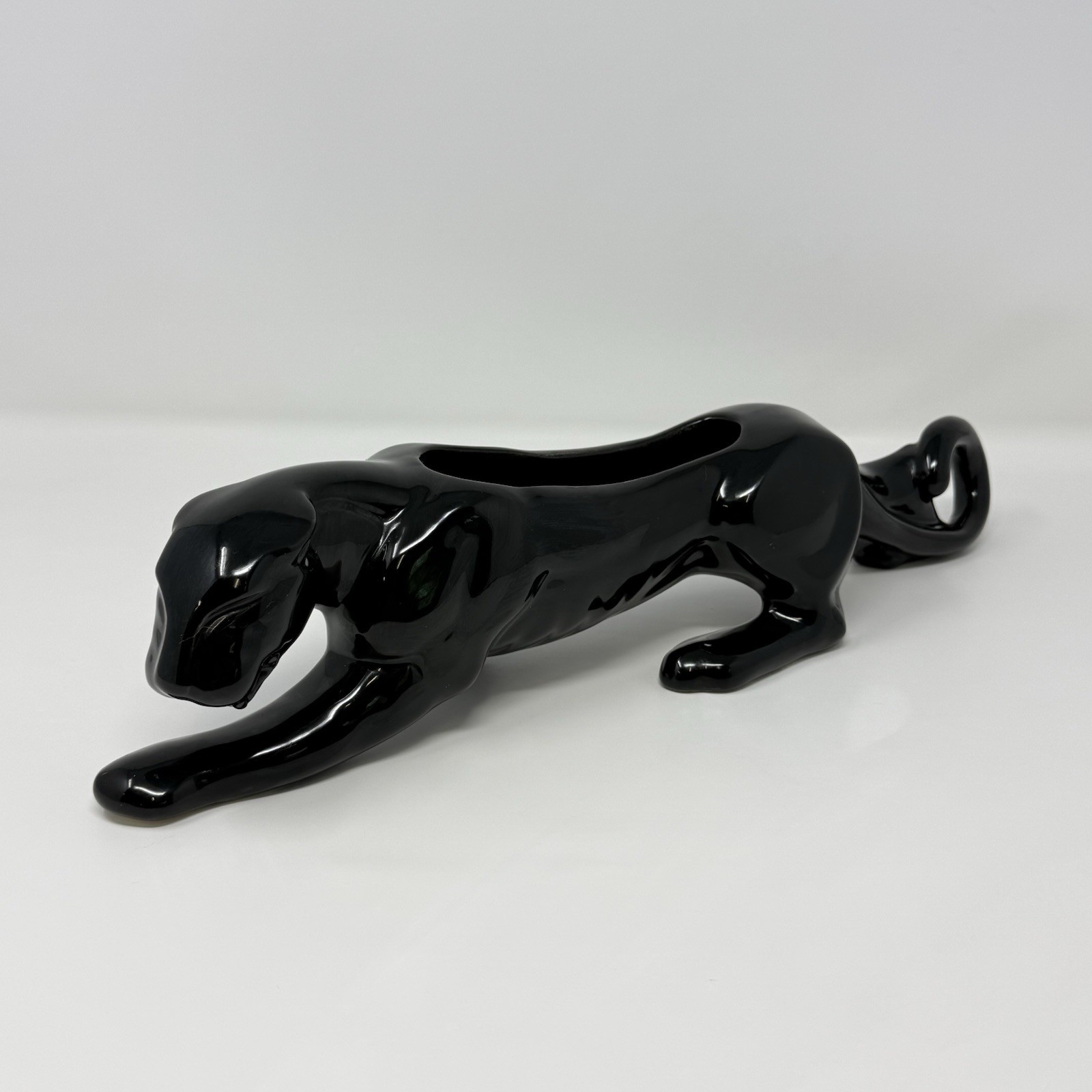 Black Panther Ceramic Planter 15 Inch MCM Crouching Cat Figurine