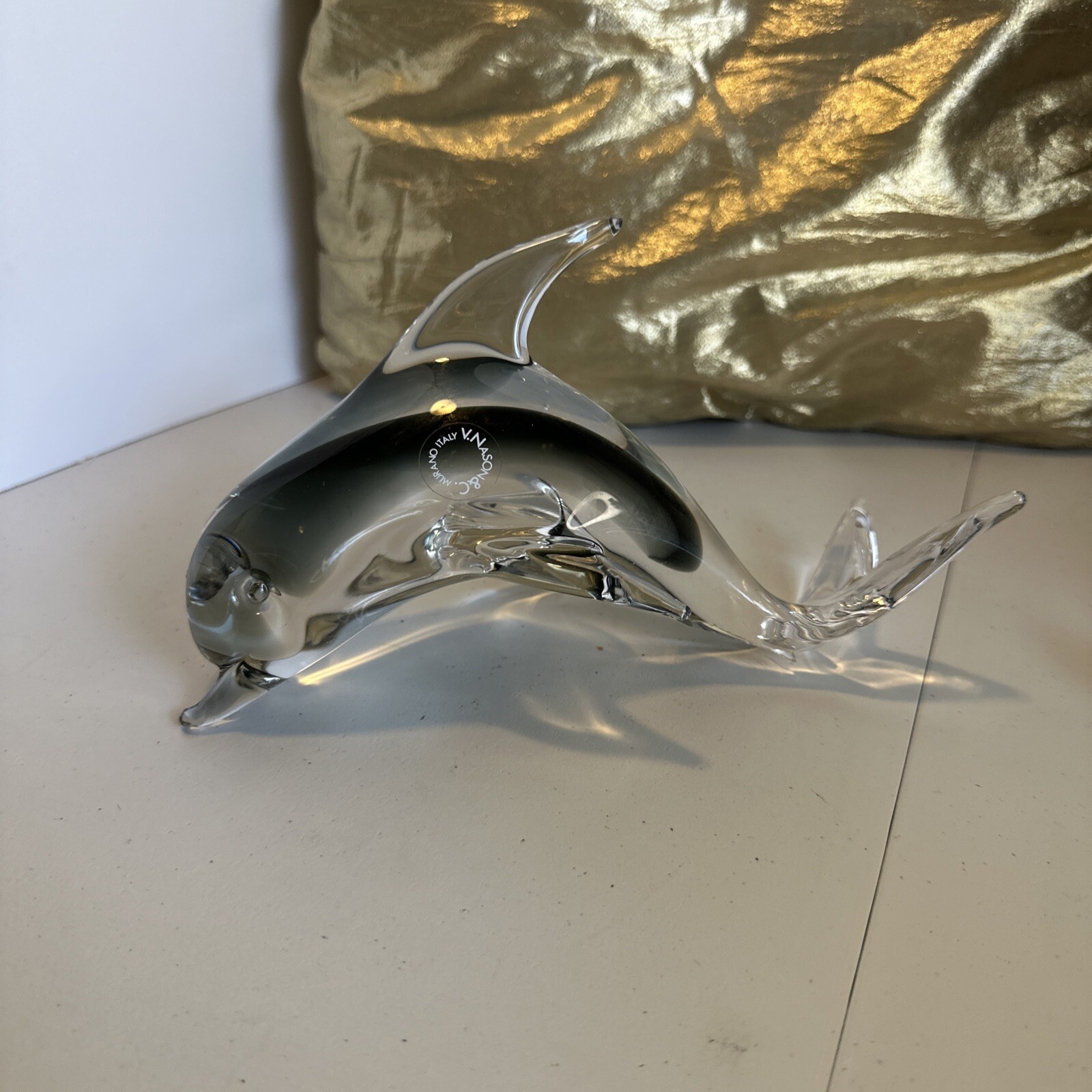 V Nason & Co Smokey Gray Crystal Murano Art Glass Dolphin W/ Sticker 8”Lx4.5”T