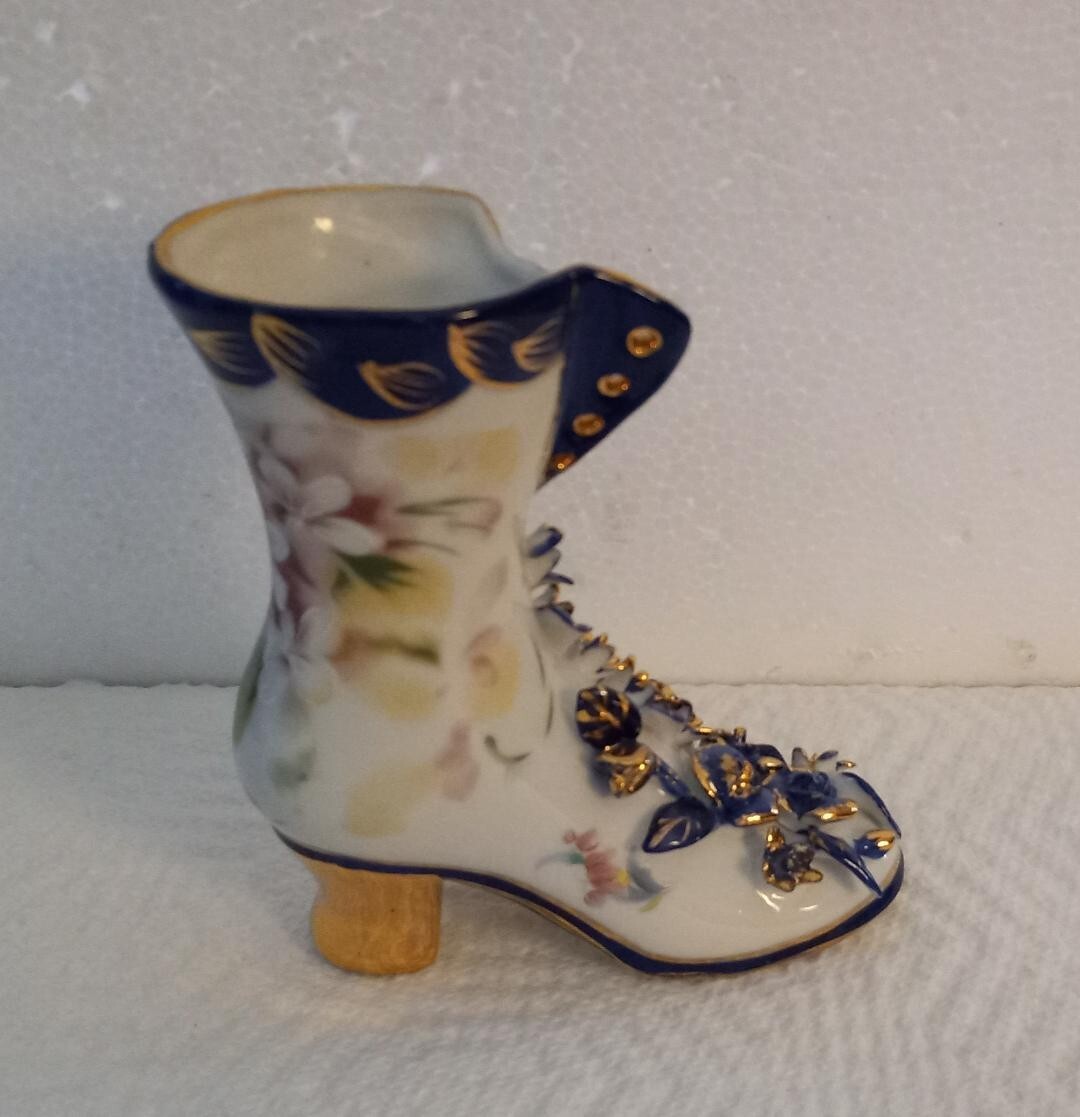 Porcelain Glass Boot Vase Gold Trim Limoges Home Office Decor