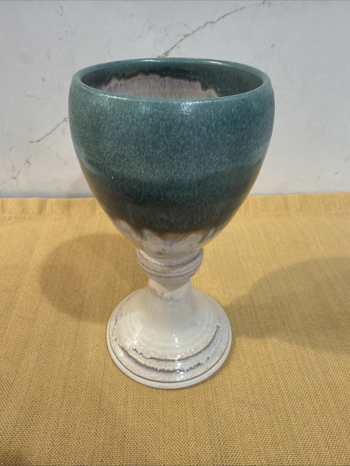 Handmade Studio Art Pottery Wine/Water Goblet Teal/Cream Drip Glaze 7″ Mission