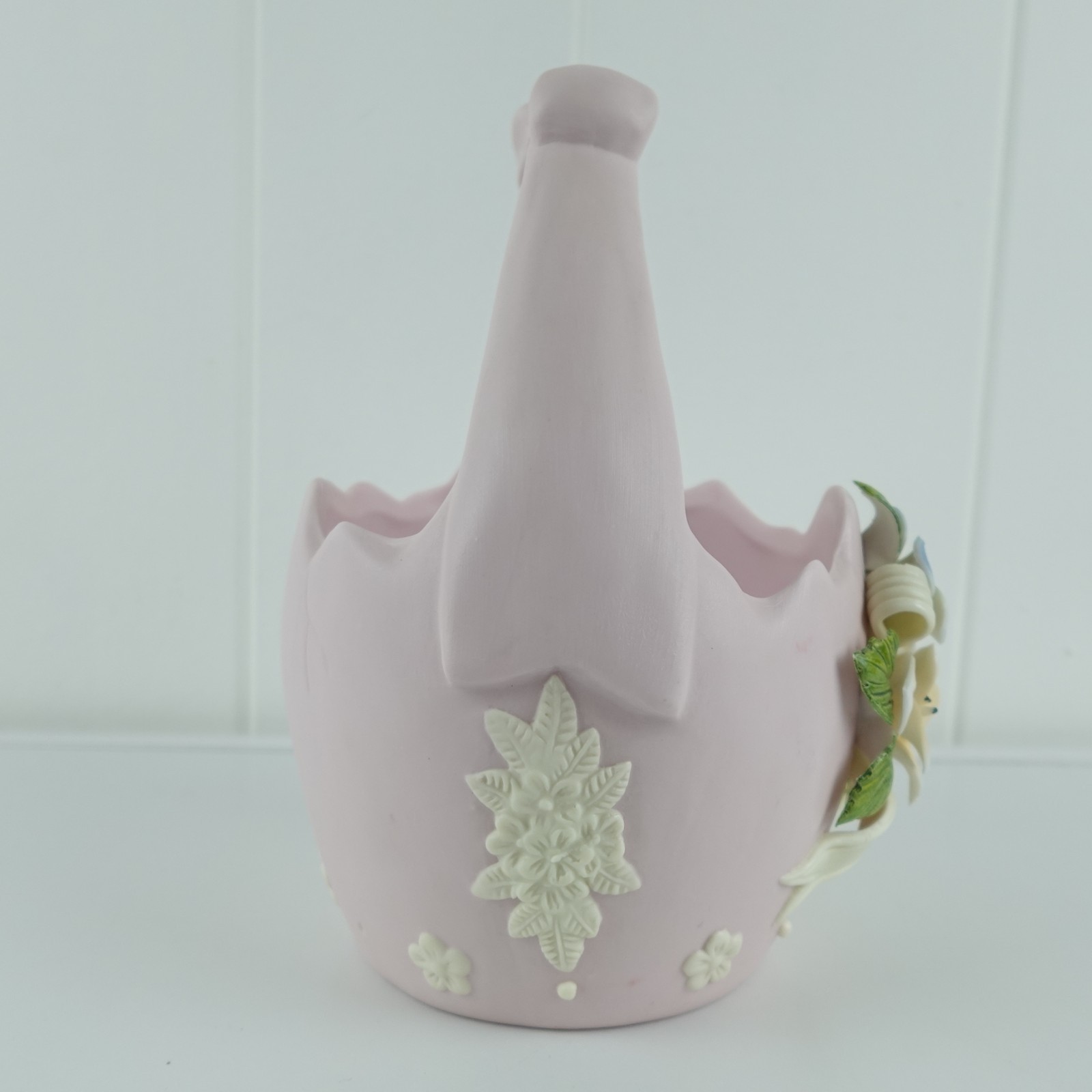 Ceramic Pink Pastel Egg Shaped Basket With Applied Flowers Spring Easter