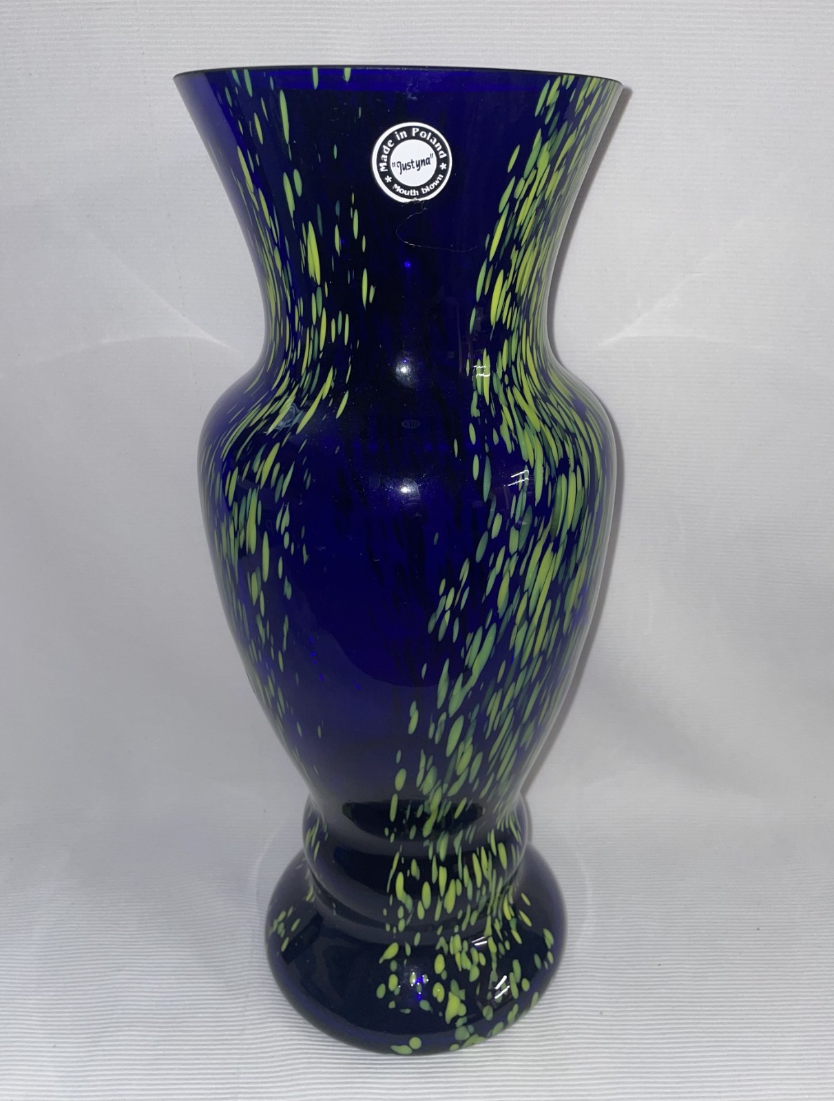 Justyna Poland Cobalt Blue W/ Yellow & Green Art Glass 14 inch Vase
