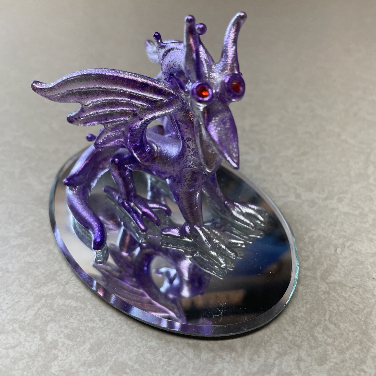 Dragon on round 4” mirror base hand blown glass purple figurine fantasy 3” Tall