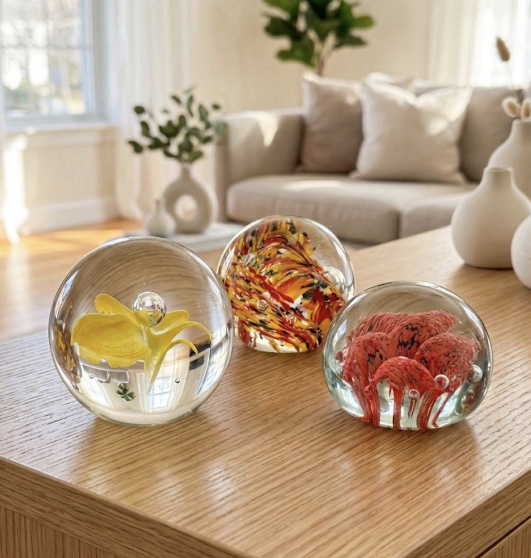 Vintage Hand Blown Art Glass Paperweight Lot 3 Floral Swirl Made in India