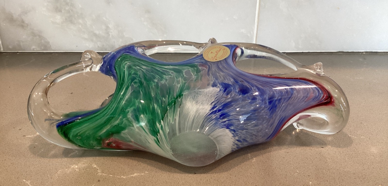 Vintage Murano Style Art Glass Napkin Letter Holder Swirl Blue Green Red Italy